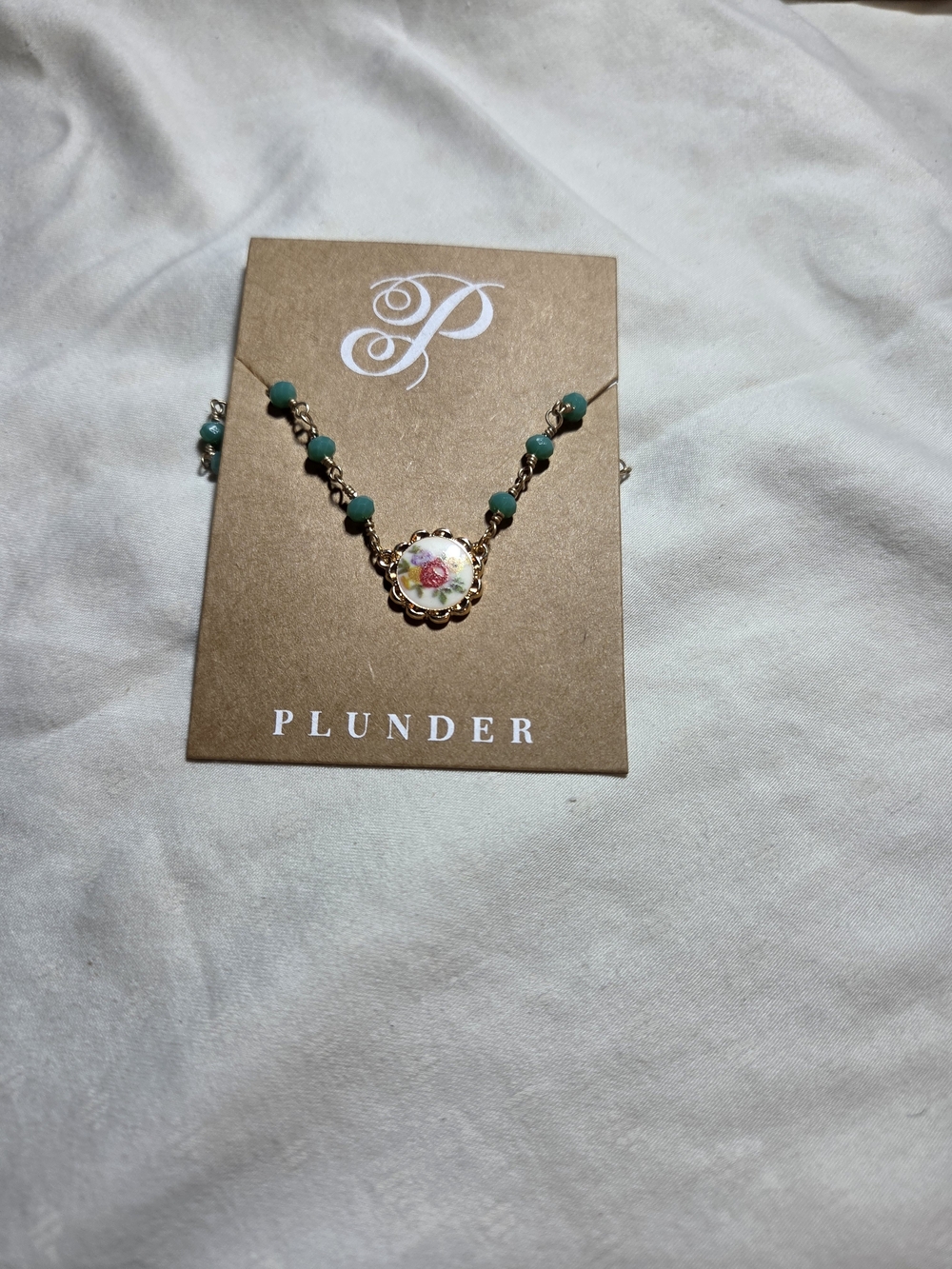 Plunder Gold-Tone Necklace with Green Beads and Rose Cameo